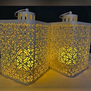 Set-2 Punched Metal Lanterns -timer function- Cream - for Outside or Inside